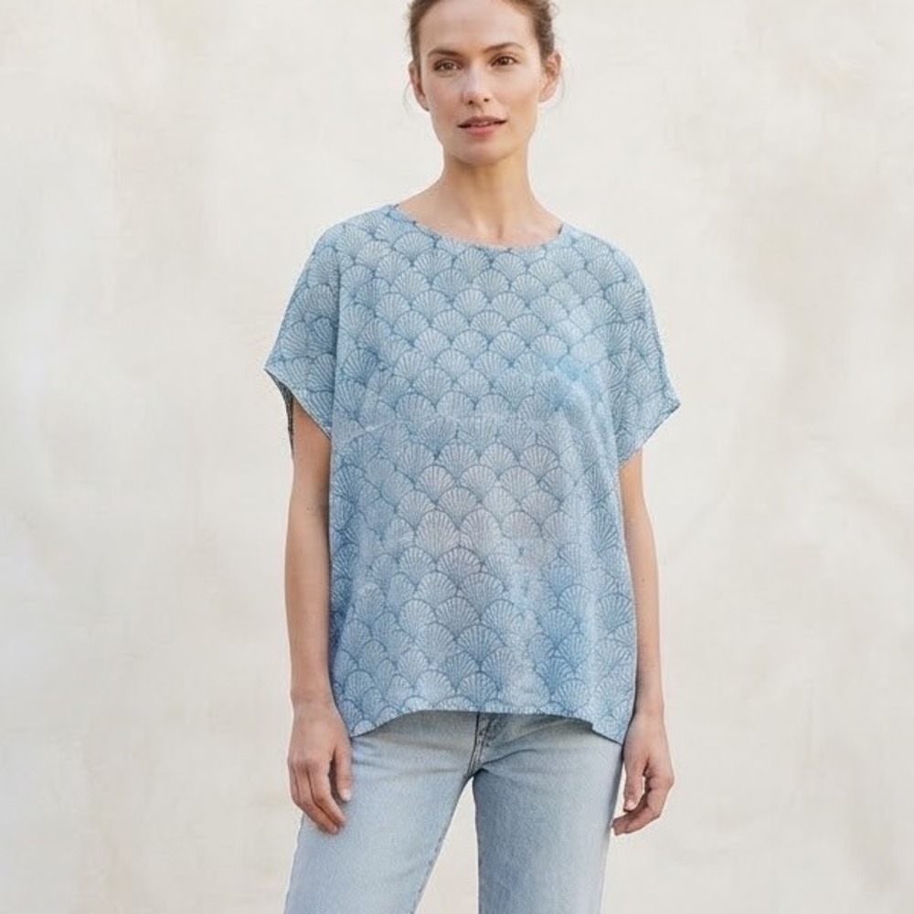 World Market Blue Fan Geometric 100% Cotton Boxy Short Sleeve Top Free Size